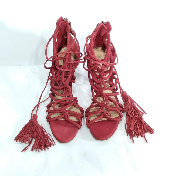 SCHUTZ Valquis Red Nubuck Leather Laced Caged Stiletto Heeled Sandals w/… - Picture 7 of 10